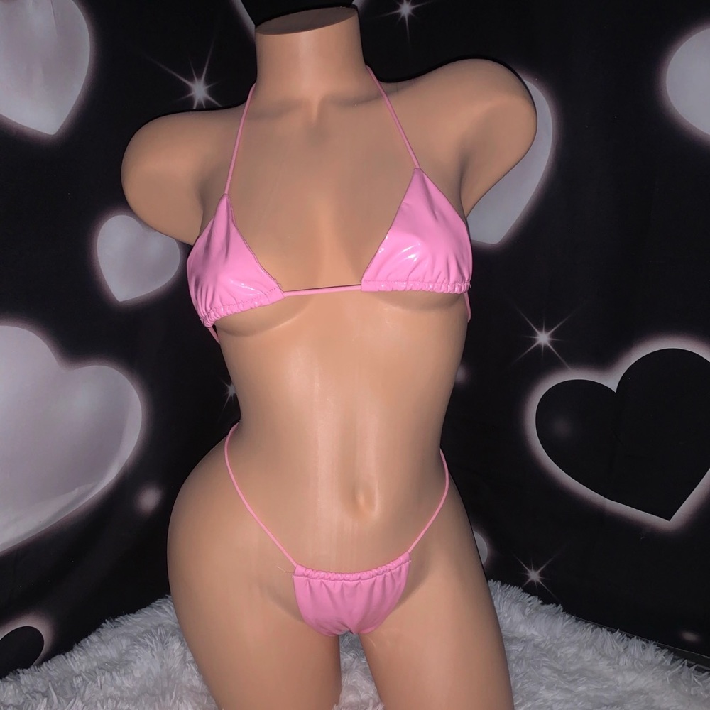 Pink latex look string microkini bikini
